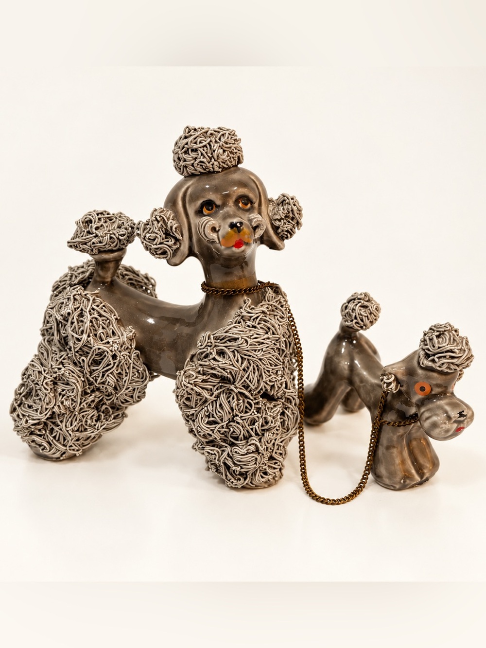 Vintage Spaghetti Poodle Mom & Puppy Ceramic Figurine Chain Leash MCM